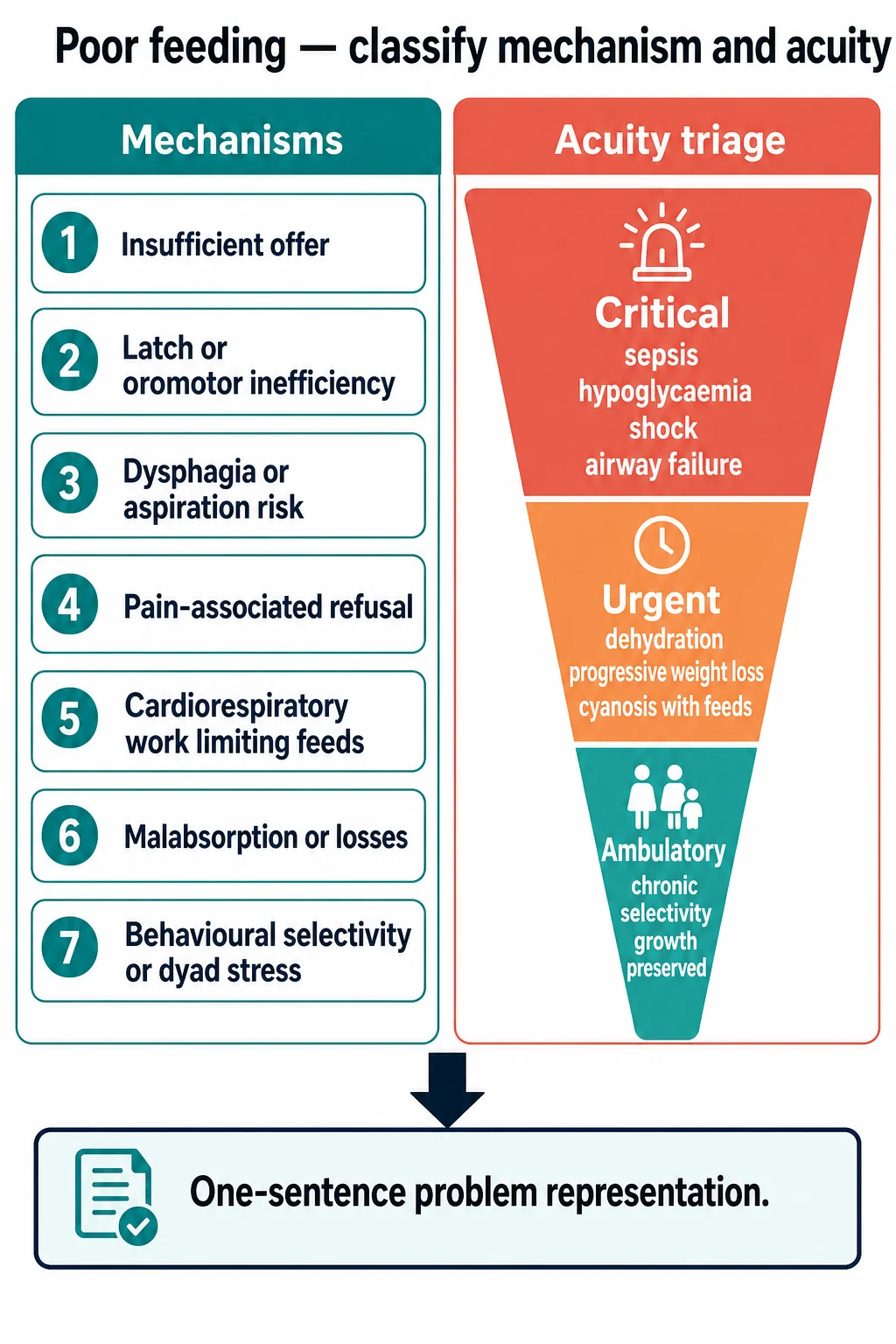 Educational flowchart classifying poor feeding by seven mechanisms and three acuity levels ending in a one-sentence problem representation