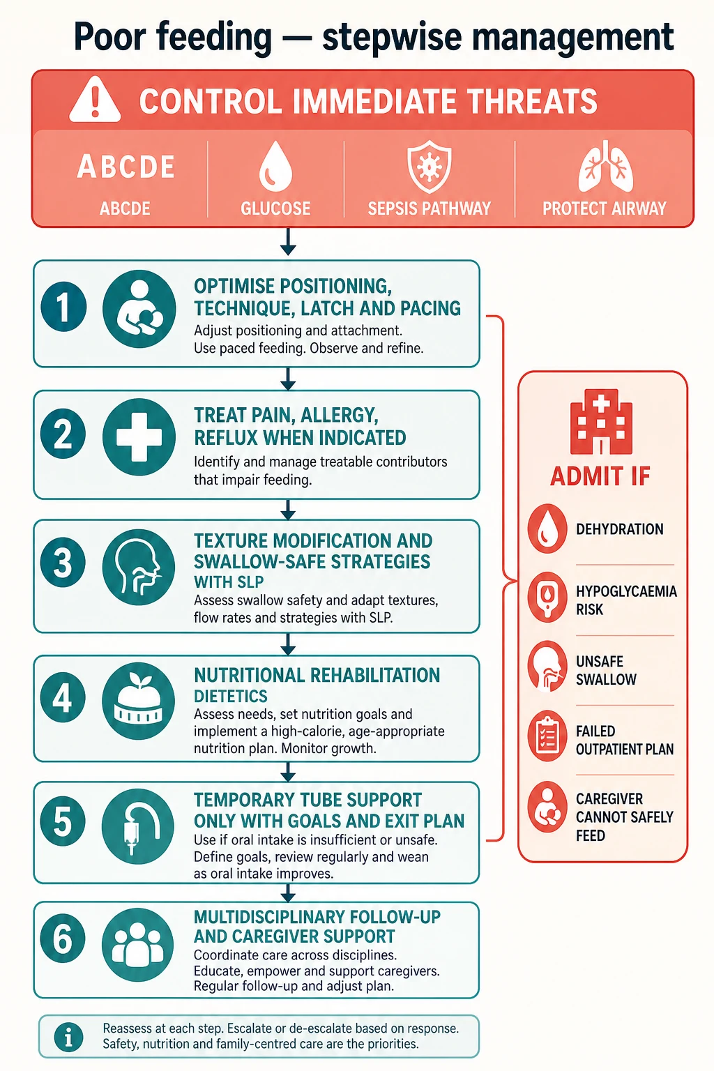 Stepwise management algorithm for poor feeding from threat control through technique, medical treatment, swallow strategies, nutrition rehab and tube support with exit plan