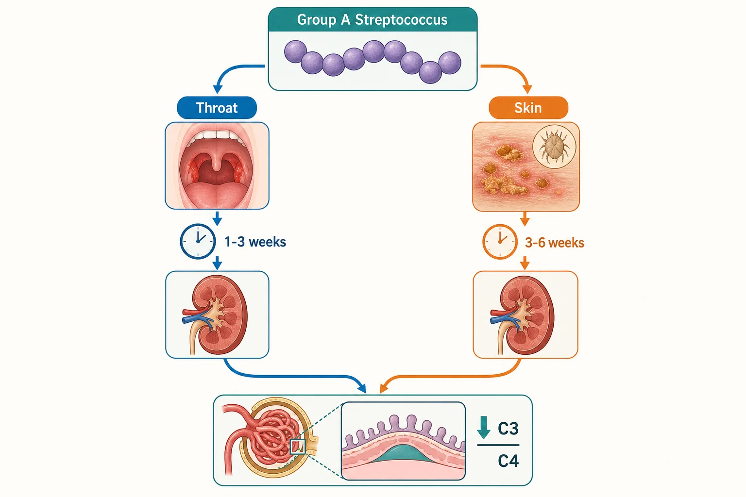 Classification diagram of post-infectious glomerulonephritis showing two portals of entry for group A streptococcus. The pharyngitis pathway, shown in blue, leads to PSGN after a one to three week latency with a rising antistreptolysin O titre. The impetigo and pyoderma pathway, shown in orange, leads to PSGN after a three to six week latency with a rising anti-DNase B titre. Both converge on a low C3 with a normal C4, subepithelial humps on electron microscopy, and diffuse endocapillary proliferative glomerulonephritis.