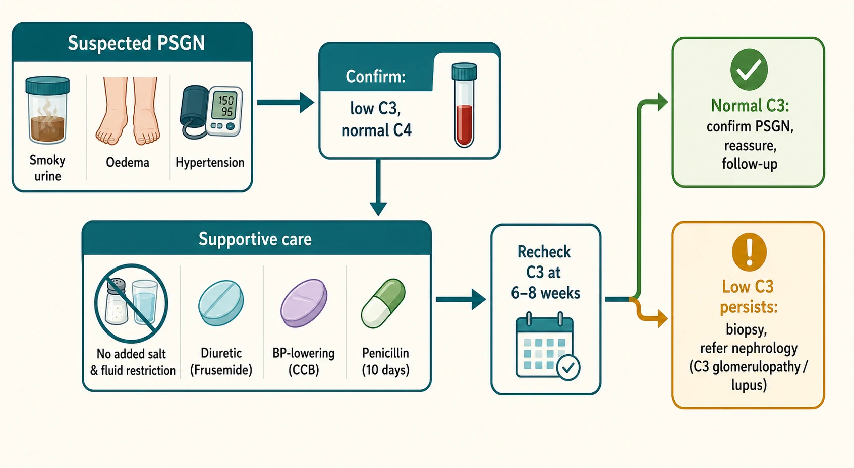 Management algorithm for post-streptococcal glomerulonephritis in children. Starting from a suspected case with smoky urine, oedema, and hypertension, the pathway flows through confirming a low C3 with normal C4 and streptococcal serology, then supportive care with salt and water restriction, frusemide for oedema, and a calcium channel blocker for hypertension, streptococcal eradication with penicillin for 10 days, monitoring of renal function and blood pressure, rechecking C3 at 6 to 8 weeks, and a decision branch for atypical features such as persistent low C3, nephrotic proteinuria, or a rapidly progressive course that require renal biopsy and nephrology referral.