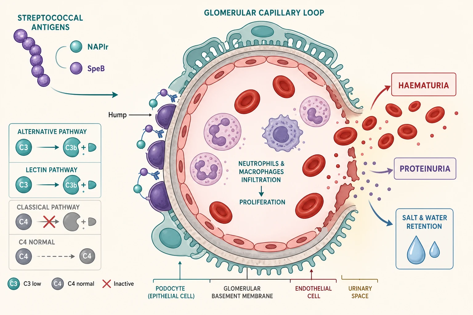 Pathophysiology diagram of post-streptococcal glomerulonephritis. Group A streptococcal antigens, including nephritis-associated plasmin receptor and SpeB, enter the circulation and deposit in glomeruli, forming immune complexes in situ. These activate the alternative and lectin complement pathways, consuming C3 while sparing C4. The result is neutrophil and macrophage infiltration of the capillary tuft producing endocapillary proliferation, with subepithelial hump formation, capillary wall inflammation, leakage of red cells and protein, and reduced filtration presenting as haematuria, proteinuria, oedema, and hypertension.