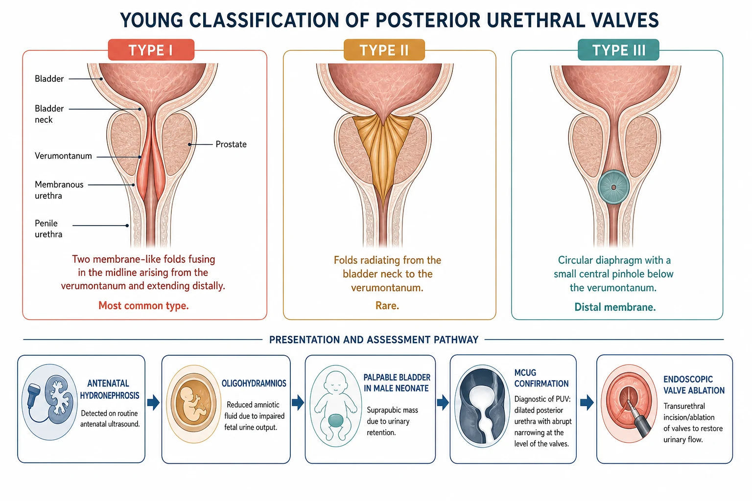 A medical-education infographic classifying posterior urethral valves by the Young system into three side-by-side labelled panels: Type I showing two membrane-like folds fusing in the midline and arising from the verumontanum extending distally as the most common type, Type II showing folds radiating from the bladder neck to the verumontanum described as rare, and Type III showing a circular diaphragm with a small central pinhole below the verumontanum described as a distal membrane, with a horizontal presentation and assessment pathway below showing antenatal hydronephrosis, oligohydramnios, palpable bladder in a male neonate, MCUG confirmation, and endoscopic valve ablation connected by arrows.