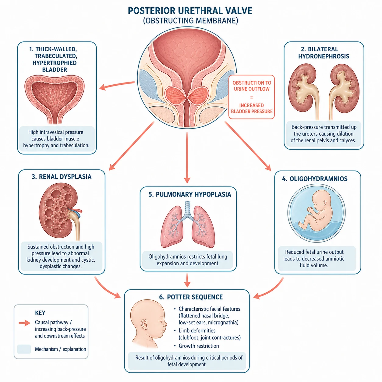 A scientific schematic causal cascade on a white background showing a posterior urethral valve as an obstructing membrane at the top, with coral arrows fanning outward and downward through a ring of labelled consequence boxes: a thick-walled trabeculated hypertrophied bladder, bilateral hydronephrosis, renal dysplasia, oligohydramnios, pulmonary hypoplasia, and the Potter sequence at the bottom, conveying the increasing back-pressure through the collecting system and the downstream lung and facial effects.