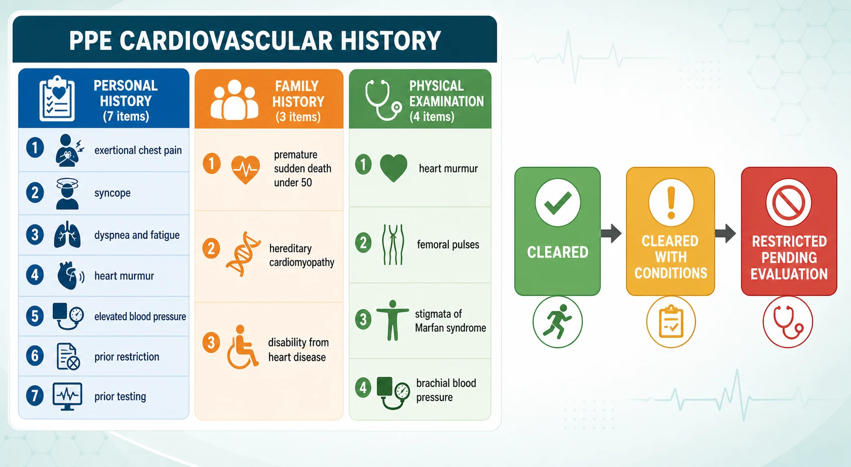 An educational schematic with three coloured panels on the left labelled personal history with seven items, family history with three items, and physical examination with four items, and a three-step clearance decision flow on the right showing green cleared, amber cleared with conditions and red restricted pending evaluation boxes connected by arrows