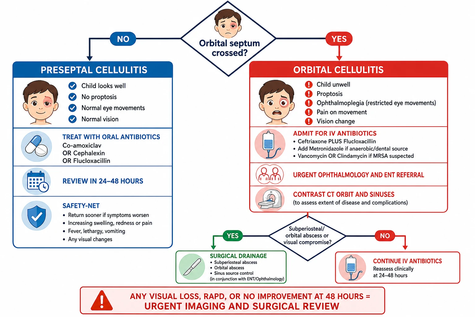 Two-branch clinical decision pathway for a child with periorbital swelling: the left branch labelled preseptal cellulitis shows a well child with normal eye movements and vision managed with oral antibiotics and review; the right branch labelled orbital cellulitis shows an unwell child with proptosis and ophthalmoplegia admitted for intravenous antibiotics, contrast CT and urgent ophthalmology and ENT referral, with a second decision diamond asking whether a subperiosteal or orbital abscess or visual compromise is present leading to surgical drainage or continued intravenous antibiotics with reassessment, and a red warning box on visual loss or no improvement at 48 hours triggering urgent imaging and surgical review