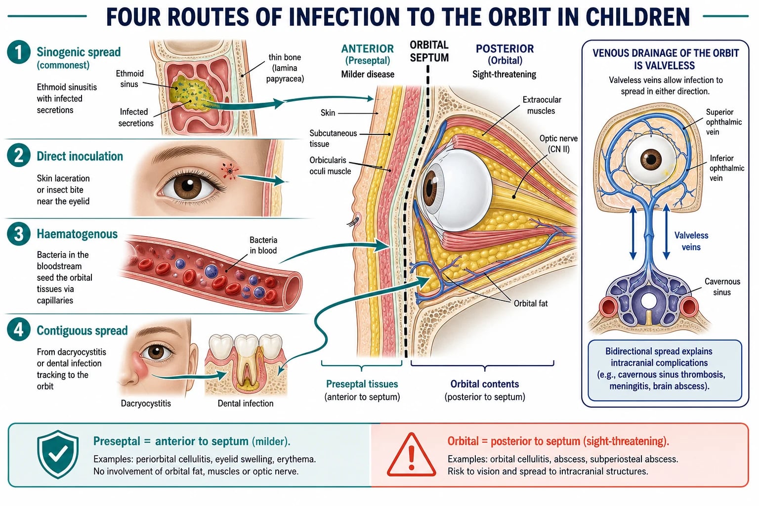 Left-to-right pathophysiology flow diagram showing four routes of infection reaching the orbit: sinogenic spread from ethmoid sinusitis through the thin lamina papyracea as the commonest route, direct inoculation from a skin laceration or insect bite, haematogenous seeding, and contiguous spread from dacryocystitis or dental infection, with the orbital septum as a bold dashed line dividing the preseptal and postseptal compartments, and an inset showing the valveless ophthalmic veins connecting to the cavernous sinus to explain bidirectional spread and the risk of cavernous sinus thrombosis