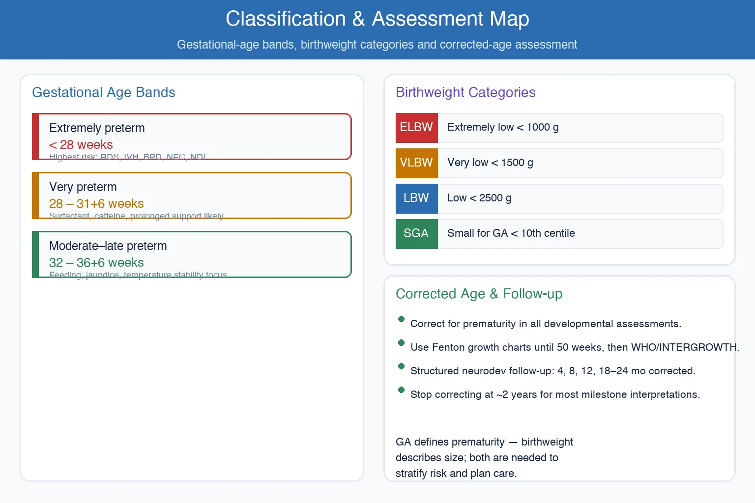Educational schematic of preterm infant classification by gestational age bands and birthweight categories with corrected-age follow-up framework