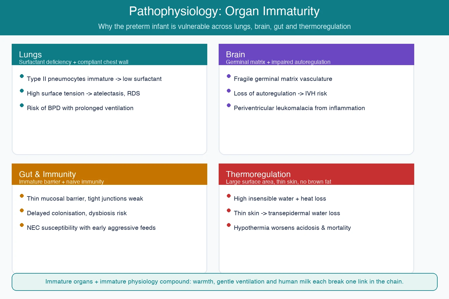 Educational schematic of preterm organ immaturity across lungs brain gut and thermoregulation showing mechanism of vulnerability