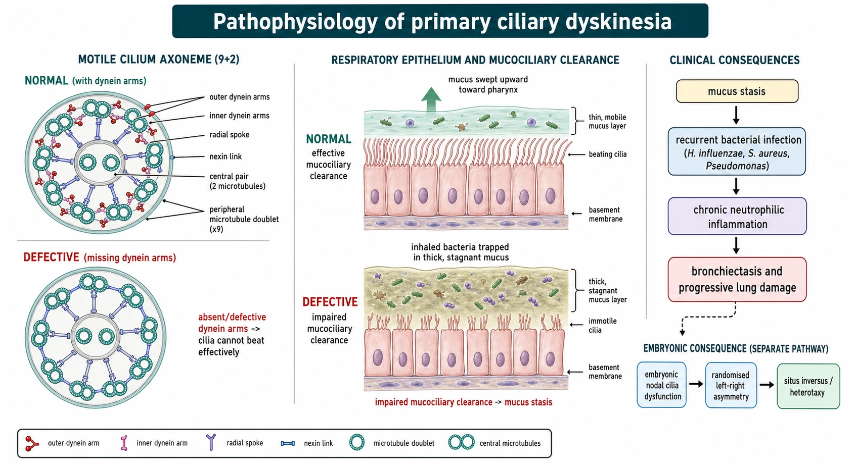 Pathophysiology of primary ciliary dyskinesia showing the nine-plus-two ciliary axoneme with labelled outer and inner dynein arms, radial spokes and central pair, a normal cilium versus a defective cilium missing its dynein arms, impaired mucociliary clearance with mucus stasis leading to recurrent bacterial infection, chronic neutrophilic inflammation and bronchiectasis, and embryonic nodal cilia dysfunction randomising left-right asymmetry to cause situs inversus