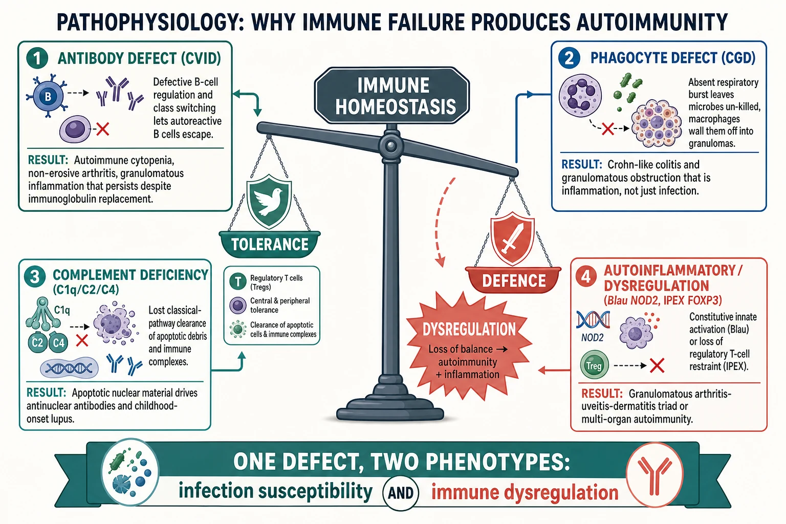 Central balanced scale labelled immune homeostasis with a tolerance arm and a defence arm tipping toward dysregulation, surrounded by four annotated mechanism boxes for CVID defective B-cell regulation, CGD absent respiratory burst with granulomatous walling-off, complement loss of apoptotic clearance driving lupus, and Blau NOD2 constitutive innate activation, with a unifying ribbon reading one defect two phenotypes infection susceptibility and immune dysregulation