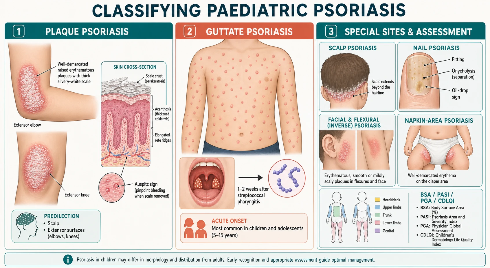 Three-panel schematic of paediatric psoriasis: panel one chronic plaque psoriasis with well-demarcated silvery-scaled plaques on the extensor knees and elbows, a skin cross-section showing acanthosis and elongated rete ridges with Auspitz sign, and scalp and extensor predilection; panel two acute guttate psoriasis with dozens of small teardrop papules across the trunk and proximal limbs following streptococcal pharyngitis; panel three special sites and assessment with scalp psoriasis beyond the hairline, nail pitting onycholysis and oil-drop sign, facial, flexural and napkin involvement, and an assessment tile for body surface area, PASI, PGA and CDLQI