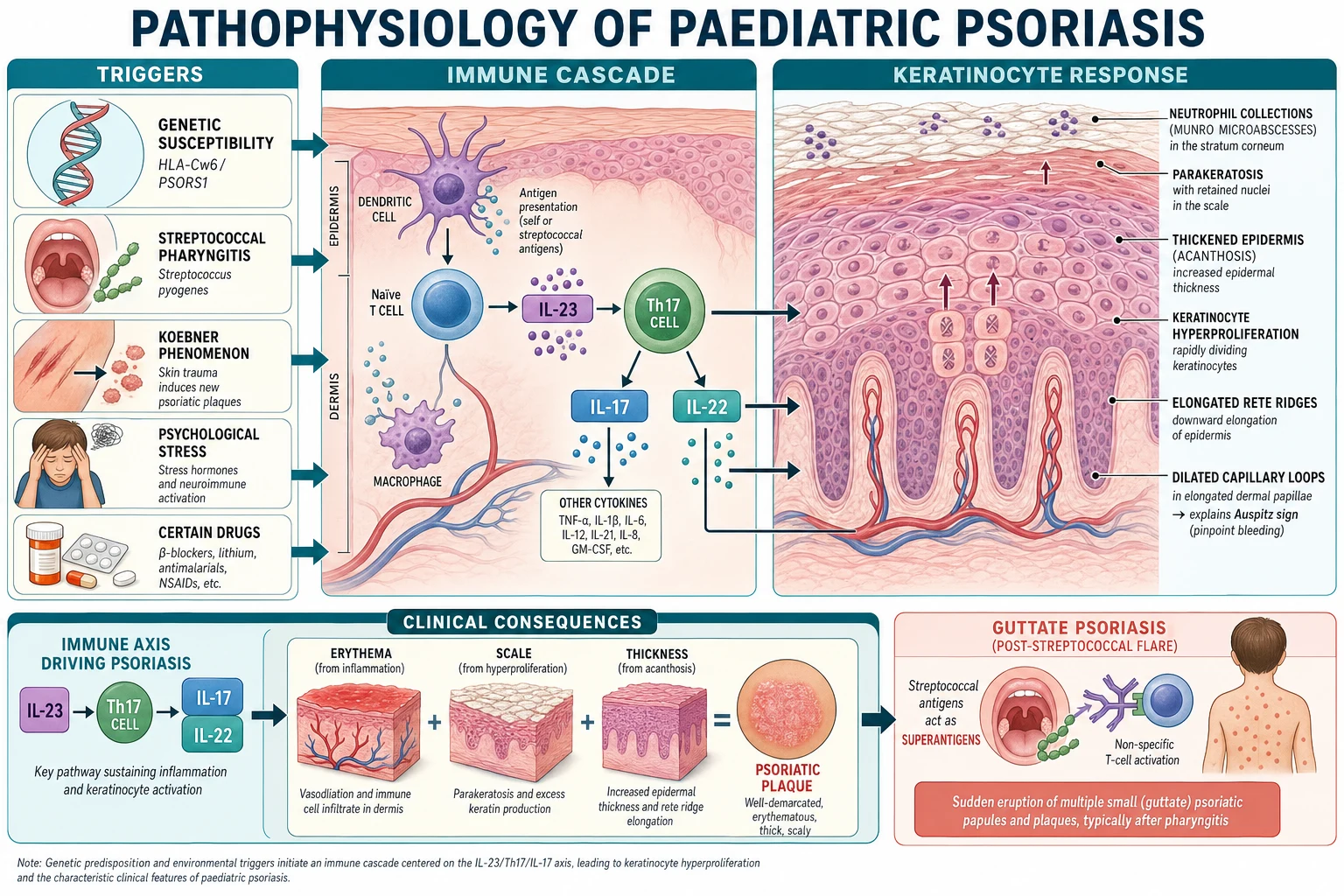 Left-to-right pathophysiology cascade for paediatric psoriasis: a triggers column with DNA labelled HLA-Cw6 and PSORS1, streptococcal pharyngitis, Koebner skin trauma, stress and drugs; a centre immune cascade showing dendritic cells and T-cells releasing IL-23 that activates a Th17 cell to release IL-17 and IL-22; and a right keratinocyte-response skin cross-section showing hyperproliferation, acanthosis with thickened epidermis, parakeratosis with retained nuclei, elongated rete ridges, dilated capillary loops in dermal papillae explaining Auspitz sign, and Munro microabscesses, with a footer linking the IL-23 and Th17 and IL-17 axis to erythema, scale and plaque thickness and to guttate psoriasis as a post-streptococcal superantigen flare