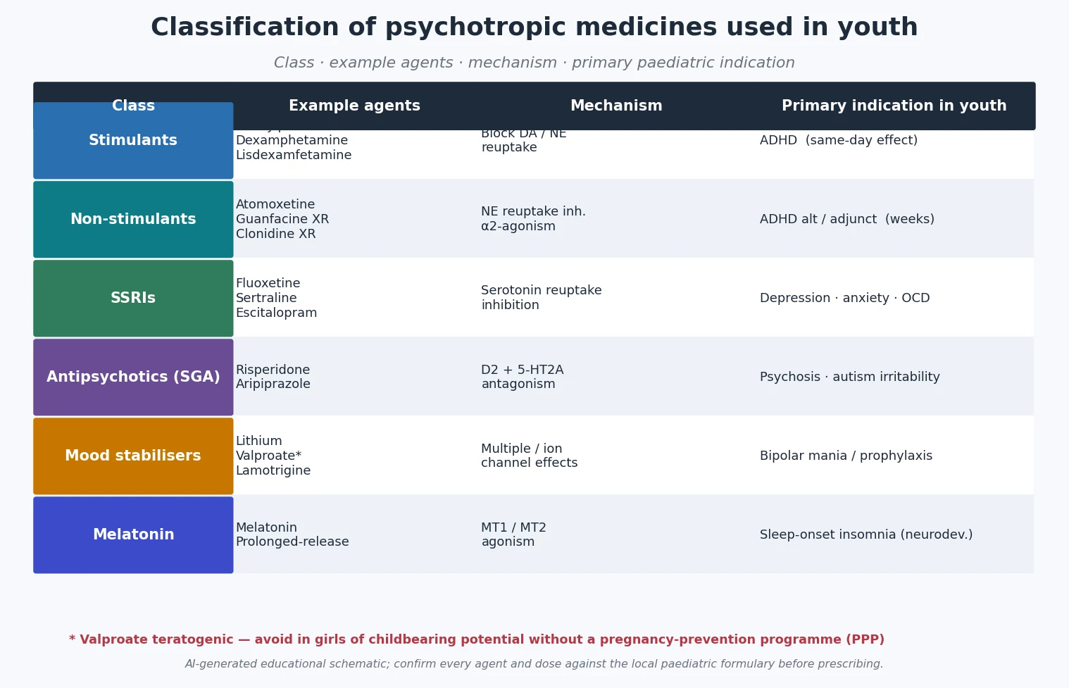 Educational classification matrix of paediatric psychotropic drug classes with example agents mechanism and primary indication