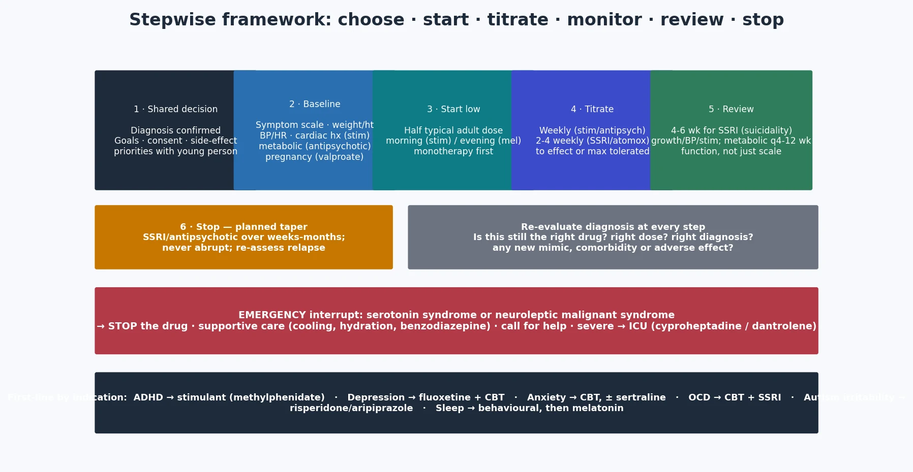 Educational stepwise algorithm for choosing starting titrating monitoring and stopping paediatric psychotropics with an emergency interrupt for serotonin syndrome and neuroleptic malignant syndrome