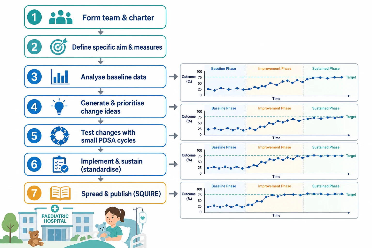 Numbered educational flowchart of a quality improvement project from team formation through aim, measures, PDSA testing, implementation, sustainability and spread, beside a run chart with baseline, improvement and sustainment phases