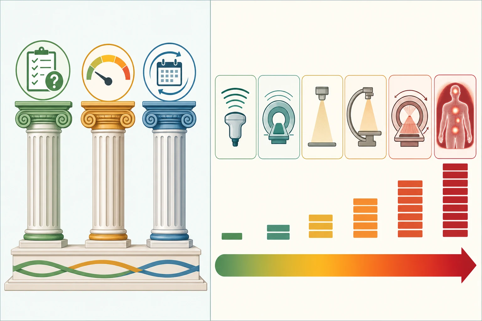 Two-panel schematic: on the left three classical columns labelled by icon only represent the three pillars of radiological protection — justification with a checklist, optimisation with a low-set gauge, and limitation with a calendar; on the right a horizontal green-to-red gradient bar ranks imaging modalities left to right by increasing ionising-radiation dose, with icon tiles for ultrasound, MRI, plain radiograph, fluoroscopy, CT and nuclear medicine, each beneath growing stacked-dose bars