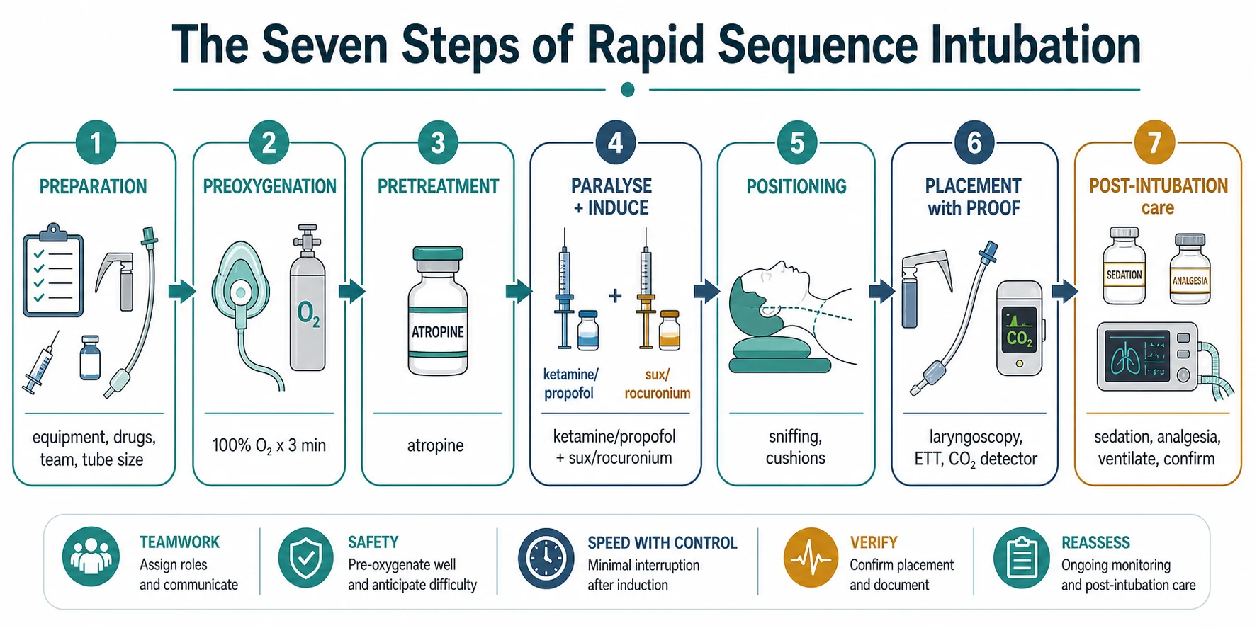 Seven numbered steps from preparation through preoxygenation, premedication, paralysis with induction, positioning, placement with proof, to post-intubation care, connected by arrows