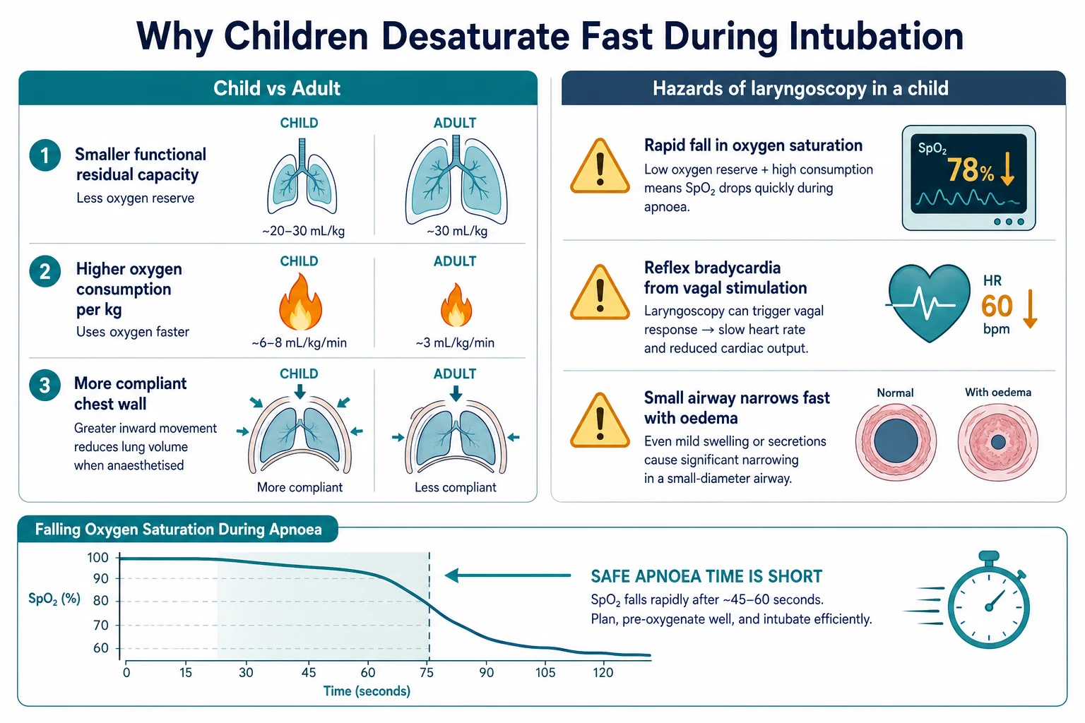 Two columns comparing child versus adult lung reserves and showing the hazards of laryngoscopy, with a falling saturation curve over time