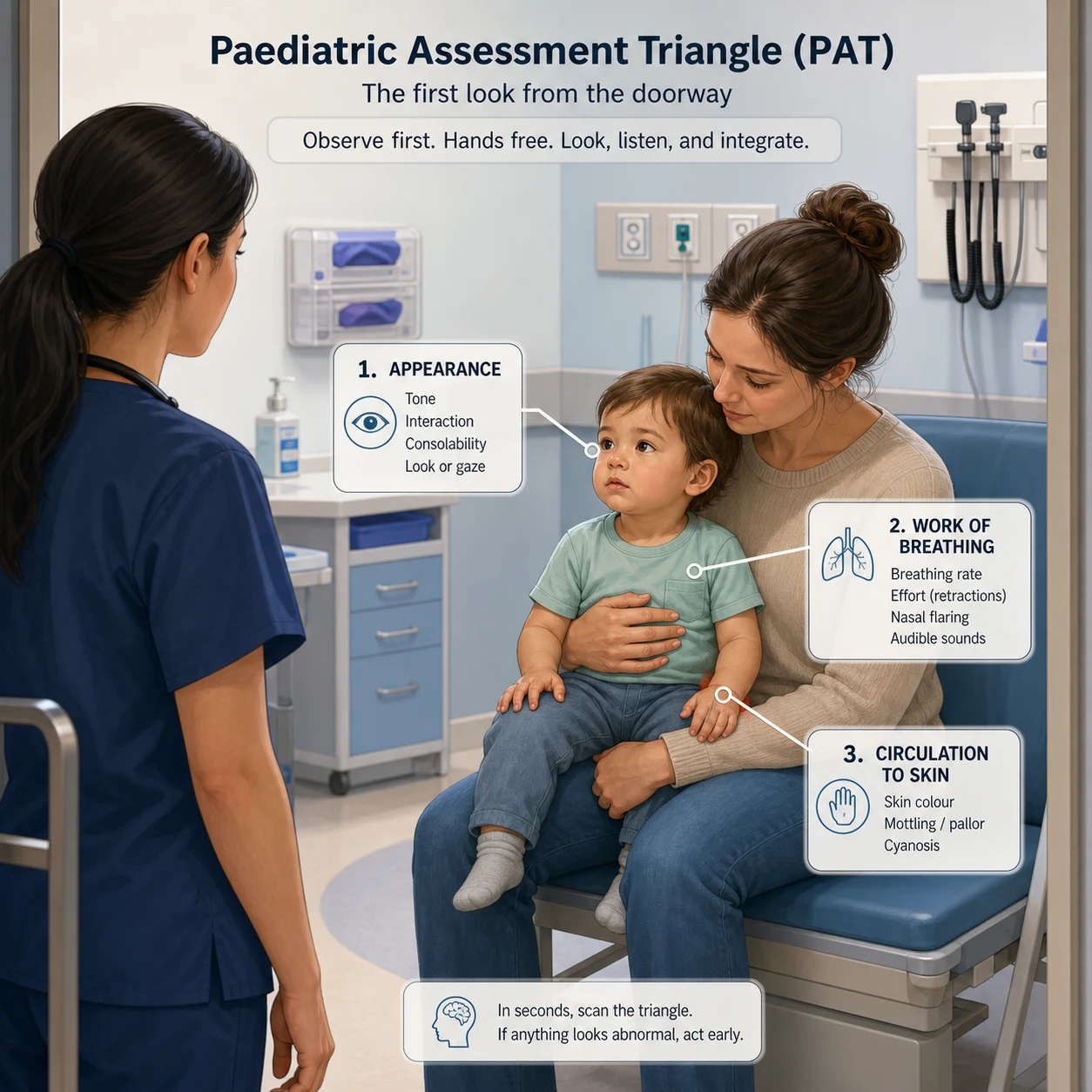 Reviewed educational schematic of the Paediatric Assessment Triangle showing Appearance with TICLS cues, Work of Breathing, and Circulation to Skin, with measured observations and local PEWS outside the triangle