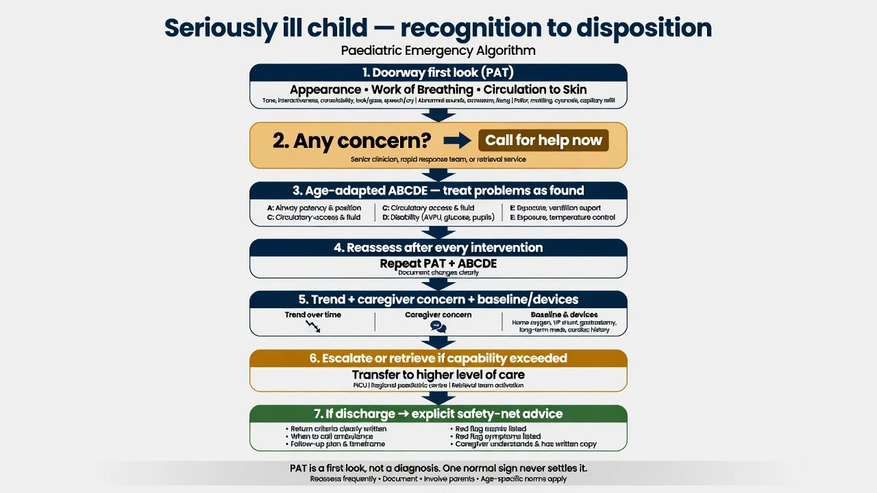 Reviewed educational schematic of a closed first-hour loop from recognising and declaring concern through ABCDE, targeted checks, expected responses, immediate reassessment, local pathway adaptation, parallel PICU or retrieval consultation, family communication, safeguarding, structured handover and disposition