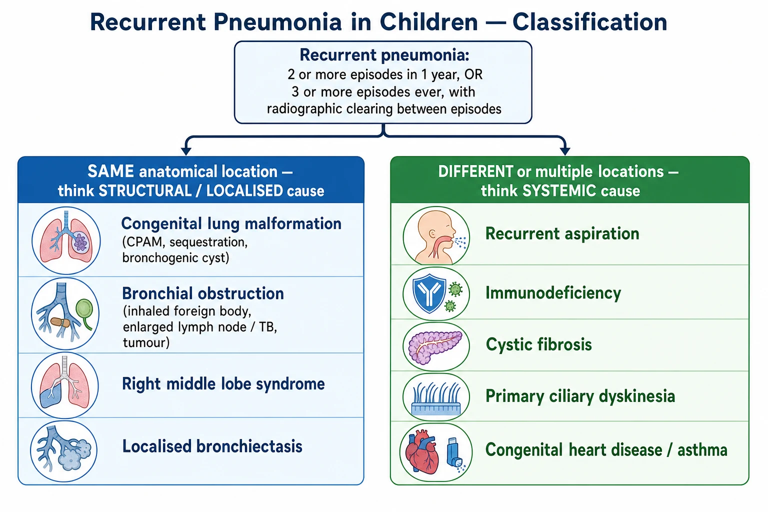 Classification of recurrent pneumonia in children into same-site structural causes and different-site systemic causes