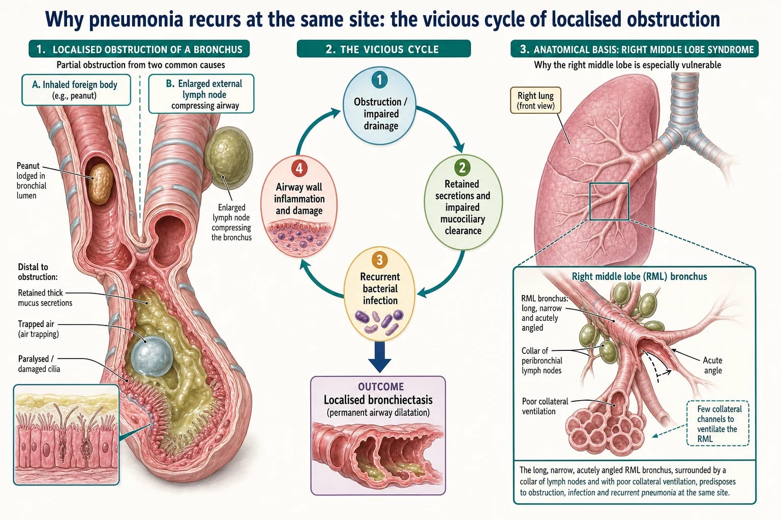 Mechanism of same-site recurrent pneumonia showing bronchial obstruction, retained secretions, recurrent infection, and localised bronchiectasis