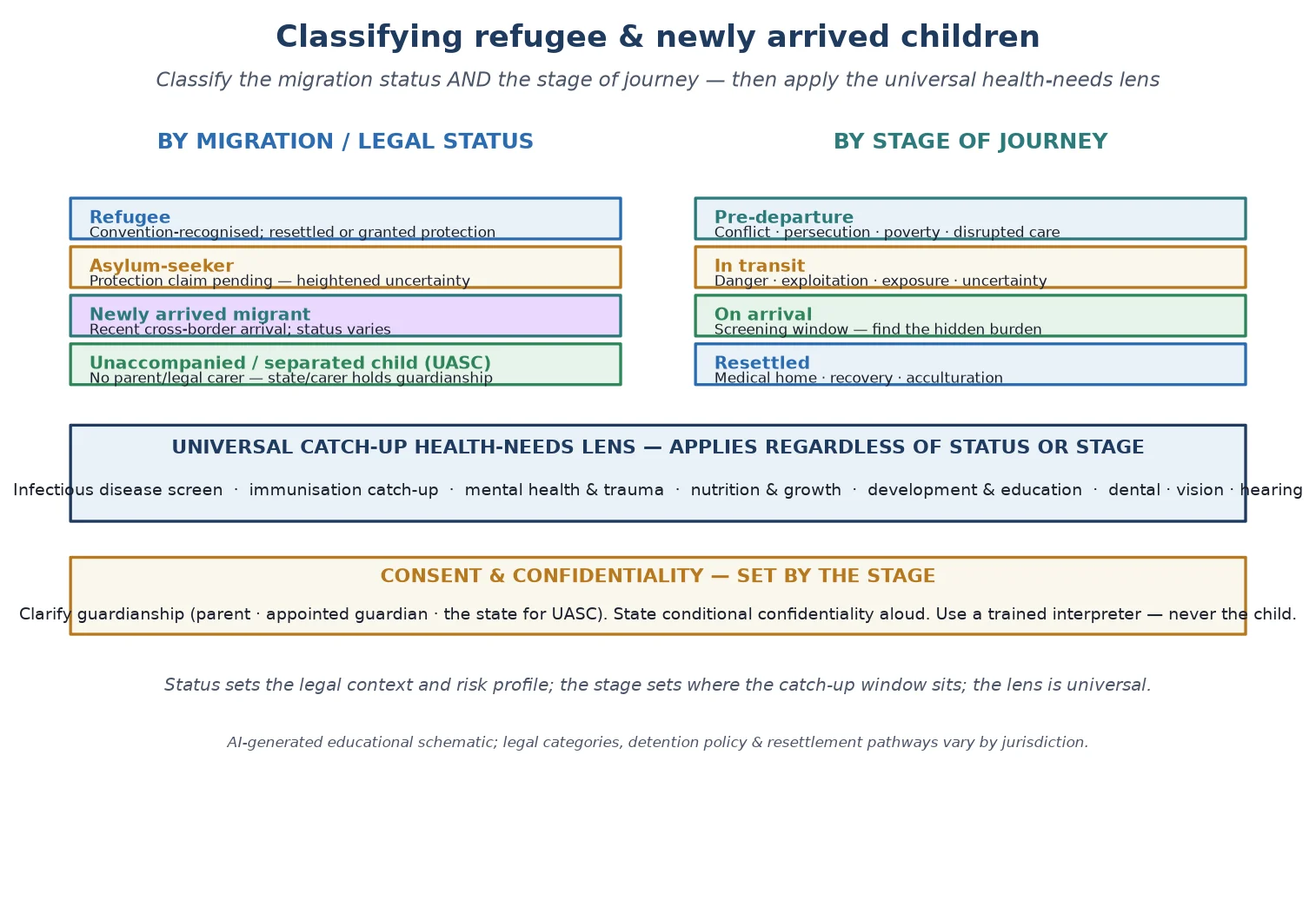 Educational two-column schematic classifying refugee and newly arrived children by migration or legal status (refugee, asylum-seeker, newly arrived migrant, unaccompanied or separated child) and by stage of journey (pre-departure, in transit, on arrival, resettled), with a universal catch-up health-needs lens band and a consent and confidentiality note