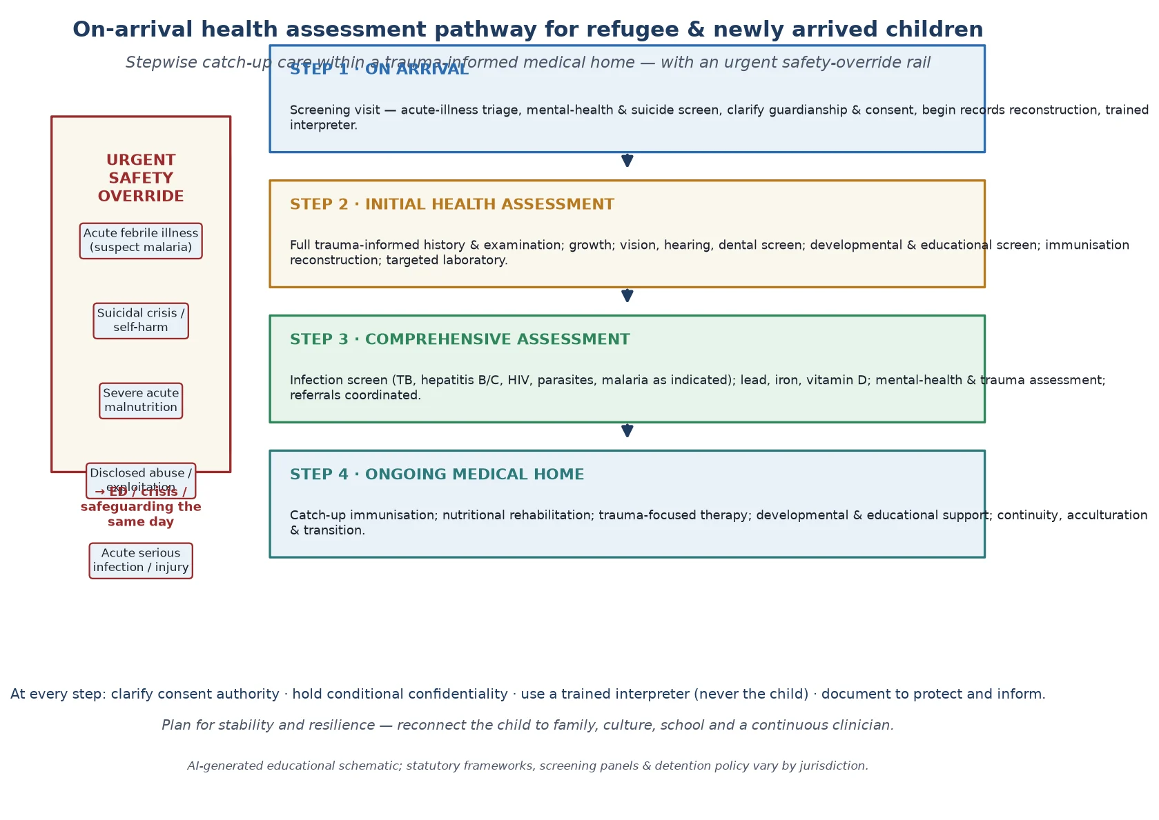 Stepwise on-arrival health assessment algorithm showing four steps (screening on arrival, initial health assessment, comprehensive multidisciplinary assessment, ongoing medical home) with an urgent safety-override rail exiting to ED, crisis and safeguarding
