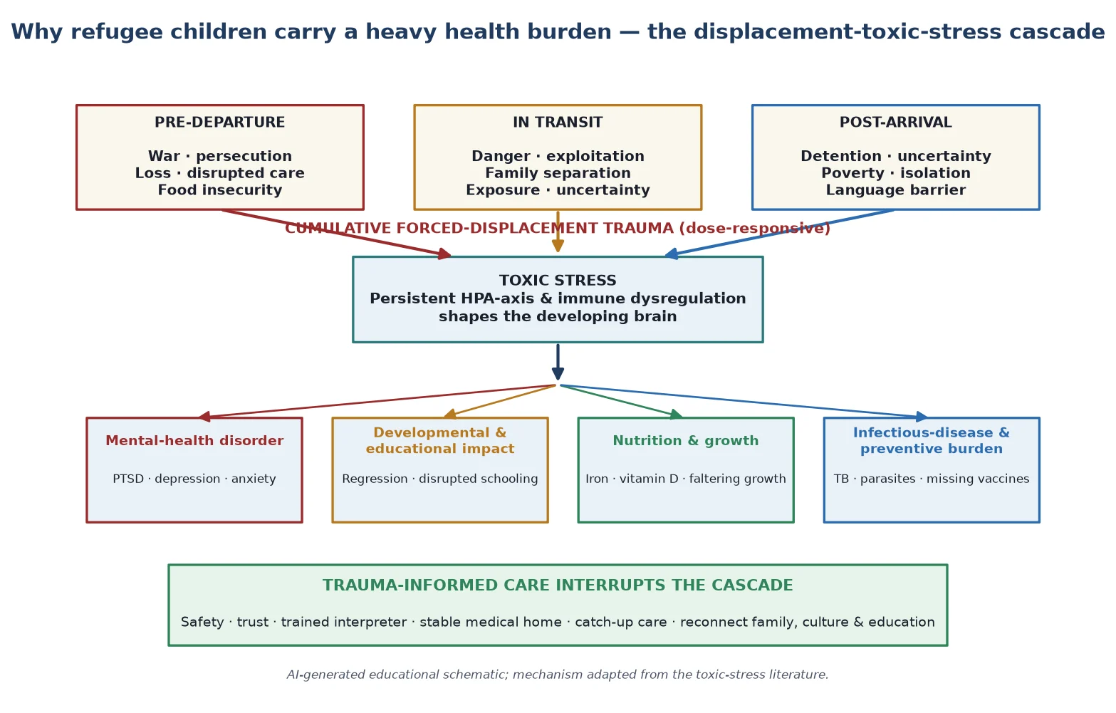 Causal mechanism map linking pre-departure, in-transit and post-arrival trauma through a toxic-stress cascade to child-focused outcomes (mental-health disorder, developmental and educational impact, nutrition and growth, infectious-disease and preventive burden), with a trauma-informed care interrupt