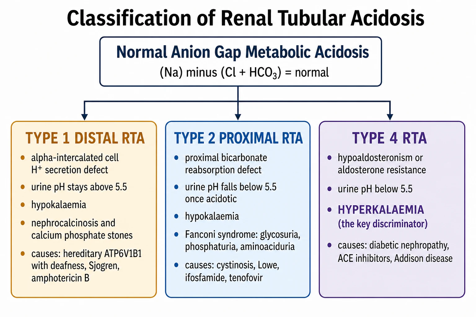 Classification flowchart of paediatric renal tubular acidosis. A central heading normal anion gap metabolic acidosis with the anion gap equation sodium minus chloride plus bicarbonate equals normal. Three colour-coded branches flow downward. The amber type 1 distal box lists alpha-intercalated cell hydrogen secretion defect, urine pH above 5.5, hypokalaemia, nephrocalcinosis and calcium phosphate stones, and hereditary ATP6V1B1 with deafness, Sjogren, amphotericin B. The blue type 2 proximal box lists proximal bicarbonate reabsorption defect, urine pH below 5.5 once acidotic, hypokalaemia, Fanconi syndrome with glycosuria phosphaturia aminoaciduria, and cystinosis, Lowe, ifosfamide, tenofovir. The purple type 4 box lists hypoaldosteronism or aldosterone resistance, urine pH below 5.5, hyperkalaemia as the key discriminator, and diabetic nephropathy, ACE inhibitors, Addison disease.