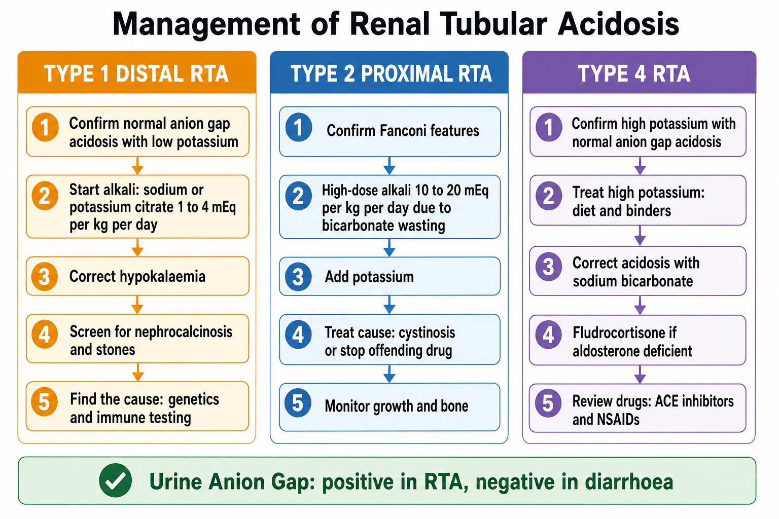 Management flowchart of paediatric renal tubular acidosis in three colour-coded columns. The amber type 1 distal column lists steps: confirm normal anion gap acidosis with urine pH above 5.5, start alkali sodium or potassium citrate 1 to 4 mEq per kg per day, correct hypokalaemia, screen and treat nephrocalcinosis and stones, identify cause with autoimmune panel and genetics. The blue type 2 proximal column lists: confirm Fanconi features, high-dose alkali 10 to 20 mEq per kg per day due to bicarbonate wasting, add potassium supplementation, treat underlying cause such as cystinosis or stop offending drug, monitor growth and bone mineralisation. The purple type 4 column lists: confirm hyperkalaemia with normal anion gap acidosis, treat hyperkalaemia with dietary restriction and binders, correct acidosis with sodium bicarbonate, mineralocorticoid replacement fludrocortisone if aldosterone deficient, review drugs ACE inhibitors ARBs NSAIDs. A shared bottom banner reads urine anion gap positive in RTA negative in diarrhoea.