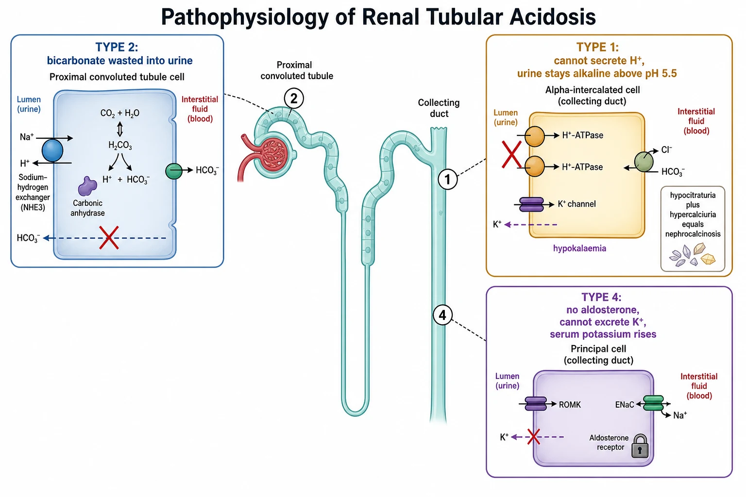Mechanism diagram of renal tubular acidosis pathophysiology. A nephron is drawn in teal with three labelled defect sites. The top left panel shows a proximal convoluted tubule cell in blue with a sodium-hydrogen exchanger and carbonic anhydrase, and a red cross over a failed reabsorption arrow labelled type 2 bicarbonate wasted into urine. The centre panel shows an alpha-intercalated cell of the collecting duct in amber with H-ATPase proton pumps on the luminal membrane, a red cross over the pumps labelled type 1 cannot secrete H plus so urine stays alkaline above pH 5.5, a potassium channel leaking potassium into the urine labelled hypokalaemia, and an inset of calcium phosphate crystals labelled hypocitraturia plus hypercalciuria equals nephrocalcinosis. The bottom right panel shows a principal cell in purple with an aldosterone padlock that cannot open, labelled type 4 no aldosterone so cannot excrete potassium or ammonium and serum potassium rises.