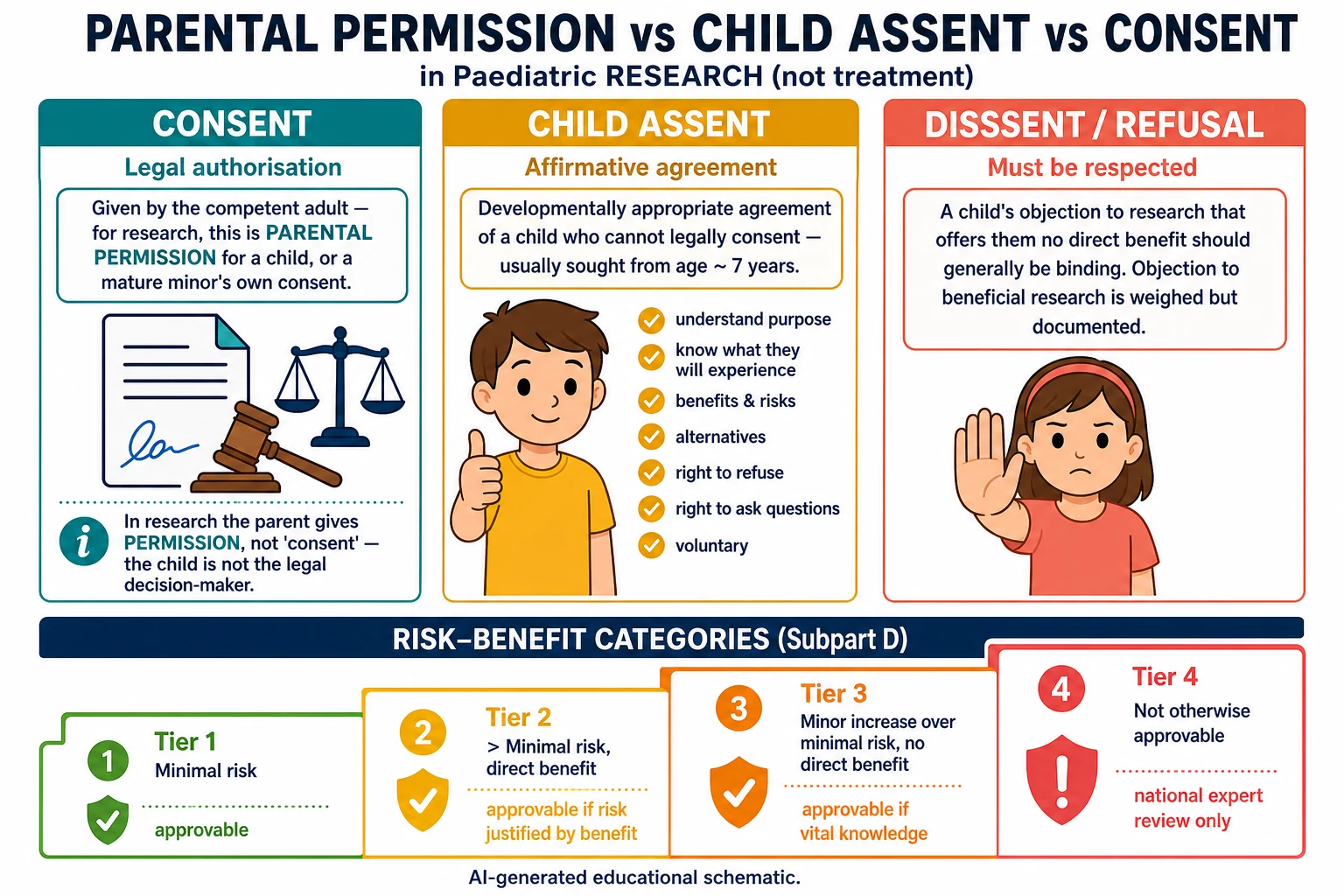Classification board with three columns parental permission, child assent and dissent over a four-step staircase of risk-benefit categories from minimal risk to not otherwise approvable