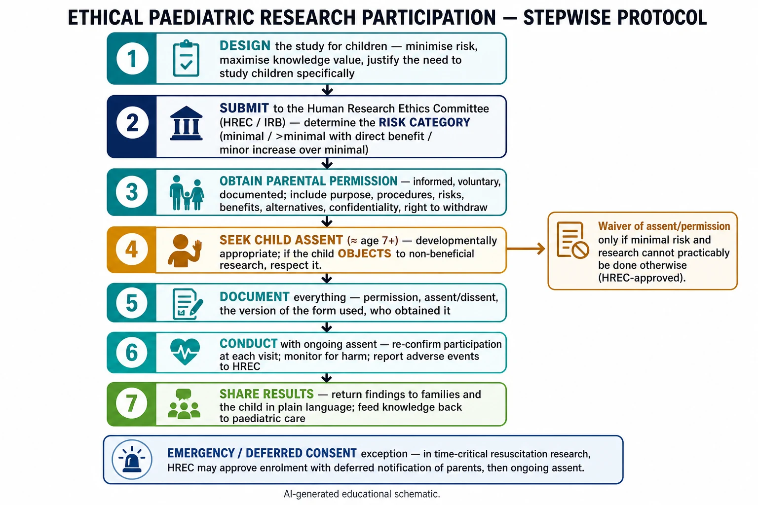 Stepwise algorithm from study design through ethics submission, parental permission, child assent with waiver branch, documentation, ongoing assent and monitoring, to return of results, with a deferred-consent emergency branch