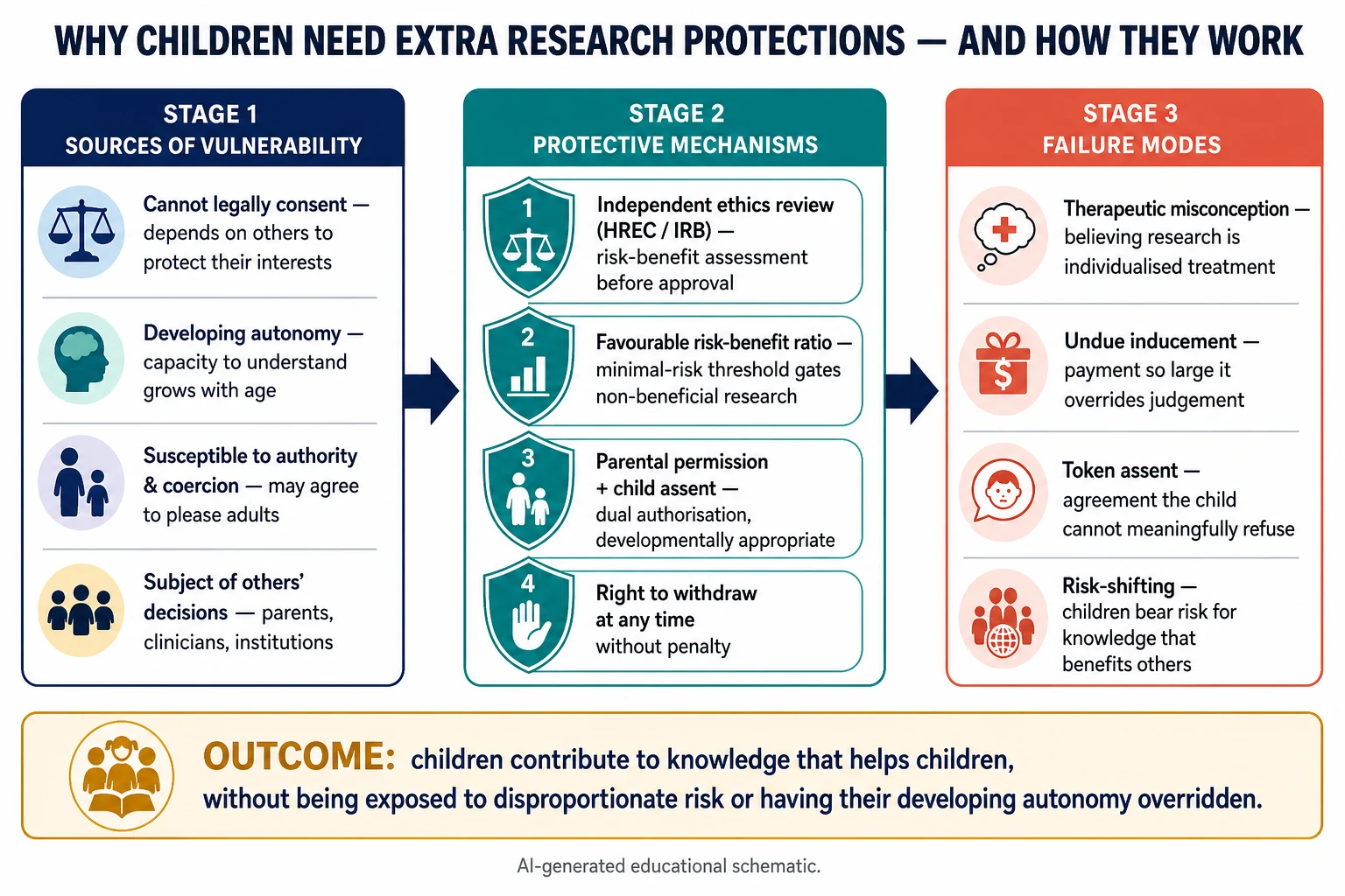 Mechanism flow from sources of vulnerability through protective mechanisms to the four failure modes of therapeutic misconception, undue inducement, token assent and risk-shifting