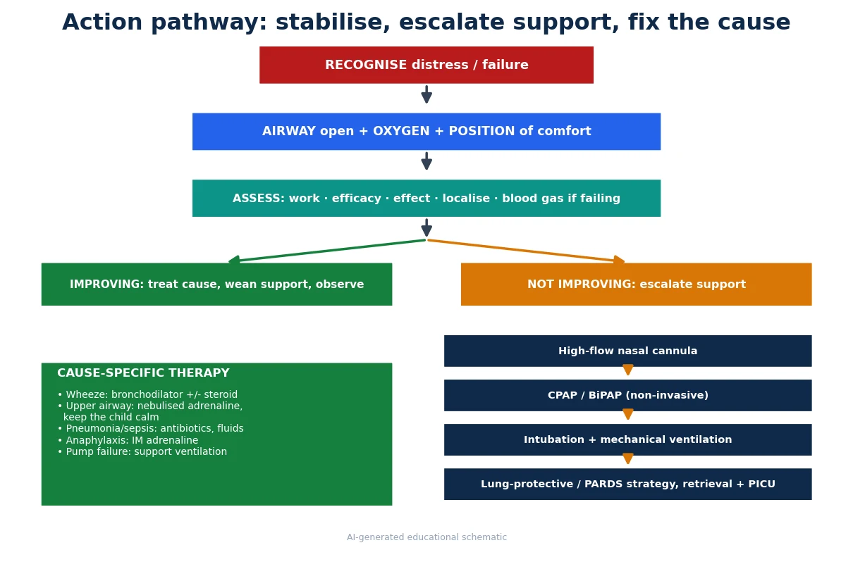 Closed-loop pathway from recognition through airway and oxygen, assessment, a branch for improving versus not improving, an escalation ladder of high-flow, CPAP, intubation and PARDS strategy, and a cause-specific therapy panel