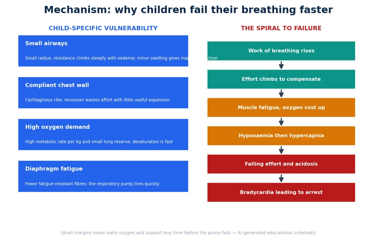 Left column lists child-specific vulnerabilities: small airways, compliant chest wall, high oxygen demand, diaphragm fatigue; right column shows the spiral from rising work of breathing through fatigue and hypoxaemia to bradycardia and arrest
