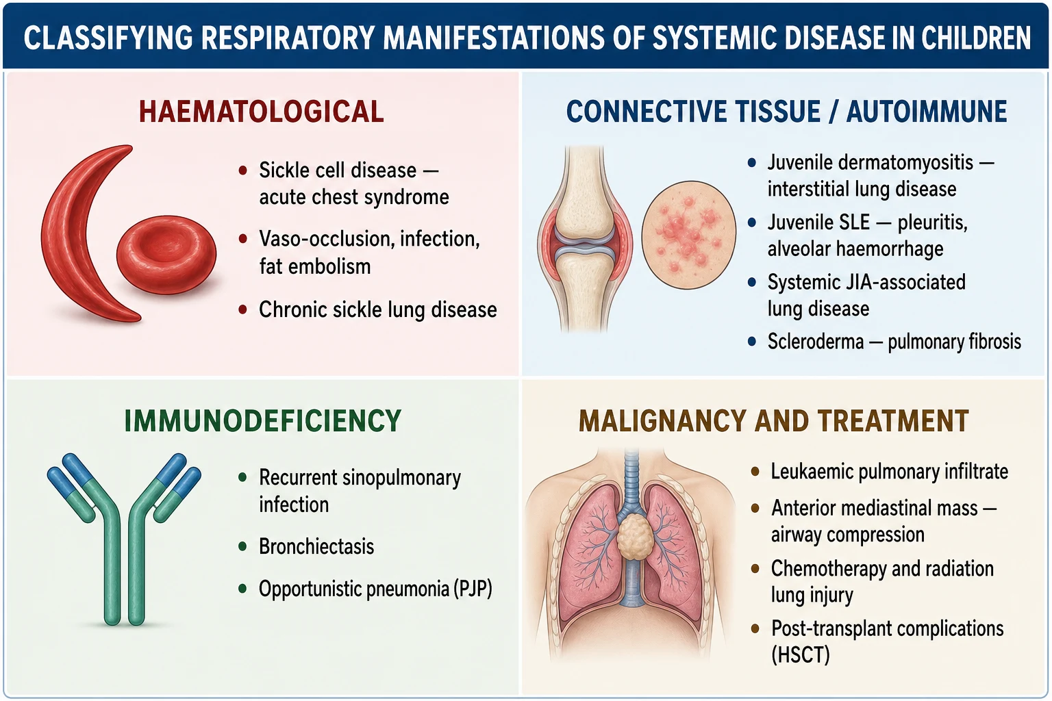 Four-quadrant classification of respiratory manifestations of systemic disease in children: haematological (sickle cell acute chest syndrome), connective tissue and autoimmune (interstitial lung disease, pleuritis, alveolar haemorrhage), immunodeficiency (recurrent infection, bronchiectasis), and malignancy with treatment (leukaemic infiltrate, mediastinal mass, drug and radiation injury, transplant complications)