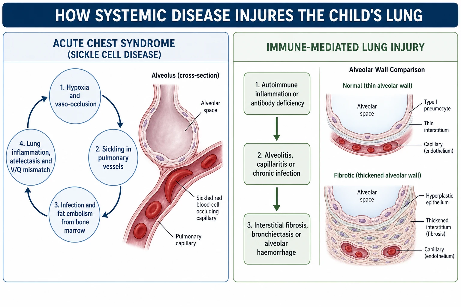 Two-panel pathophysiology: the acute chest syndrome vicious cycle of hypoxia, pulmonary sickling and vaso-occlusion, infection and marrow fat embolism, and lung inflammation with atelectasis and ventilation-perfusion mismatch; and immune-mediated lung injury progressing from autoimmune inflammation or antibody deficiency through alveolitis or chronic infection to interstitial fibrosis, bronchiectasis, or alveolar haemorrhage