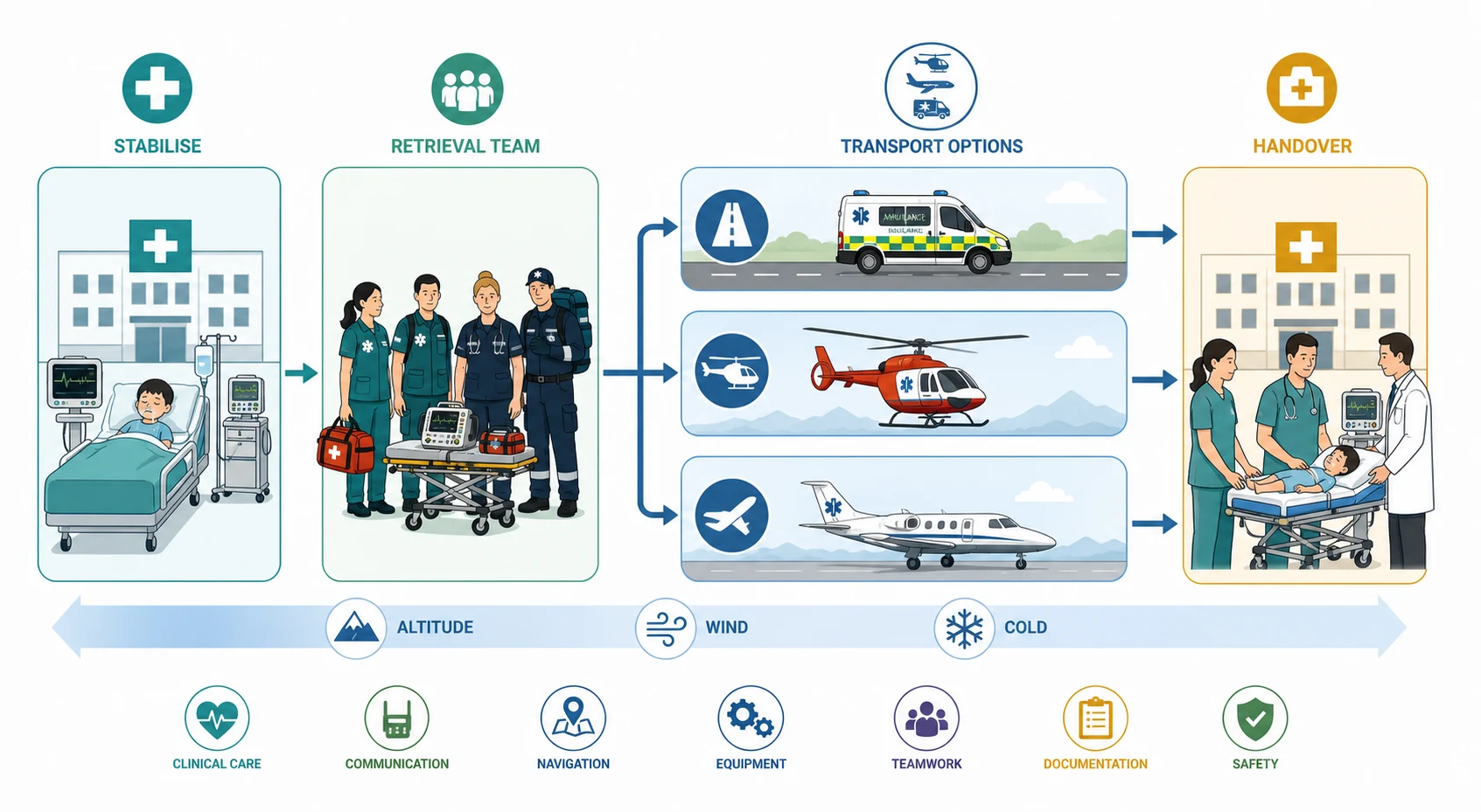 Reviewed educational schematic of the paediatric retrieval pathway drawn left to right: a referring hospital node where the child is stabilised, a retrieval team node showing specialist staff and equipment travelling outward, a transport leg split into three labelled branches for road ambulance, rotary-wing helicopter and fixed-wing aircraft, an altitude-and-cold hazard band across the transport leg, and a receiving centre node where structured handover occurs