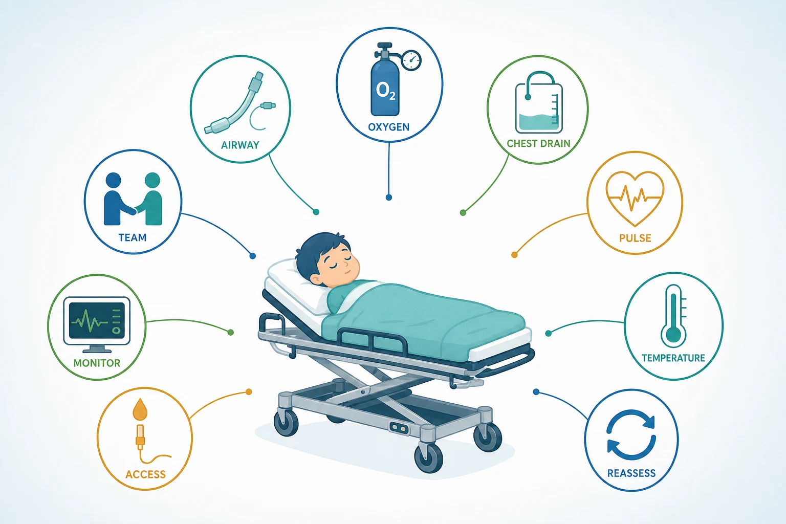 Reviewed educational schematic of pre-transport stabilisation shown as a checklist of icon badges around a central child on a transport stretcher: a secured airway tube, an oxygen cylinder with reserve, a chest drain, a pulse waveform in a heart for treated shock, a thermometer for warmth, an access line, a monitor, two figures for a structured handover, and a circular reassessment loop arrow