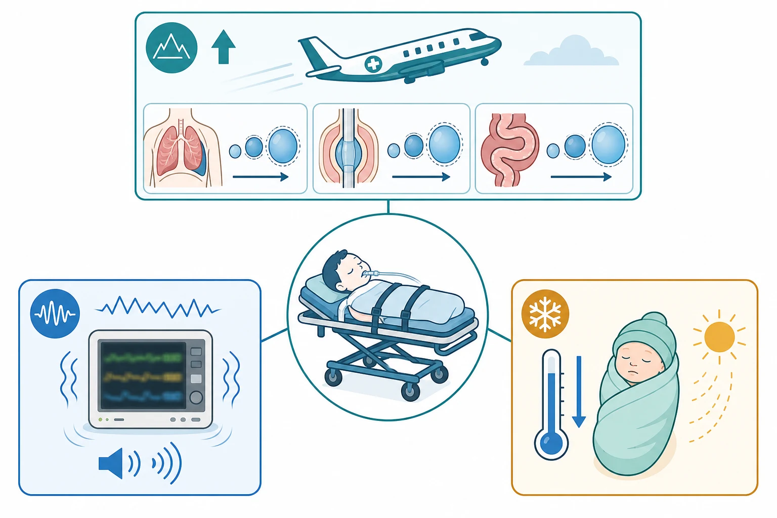 Reviewed educational schematic of why moving a critically ill child is dangerous, showing three linked hazard panels around a central child-on-a-trolley icon: an altitude panel with an aircraft climbing and labelled expanding gas bubbles in a pneumothorax, endotracheal tube cuff and bowel; a vibration-and-noise panel with waveforms and an obscured monitor screen; and a thermal panel with a downward temperature arrow and a shivering infant beside an active-warming symbol