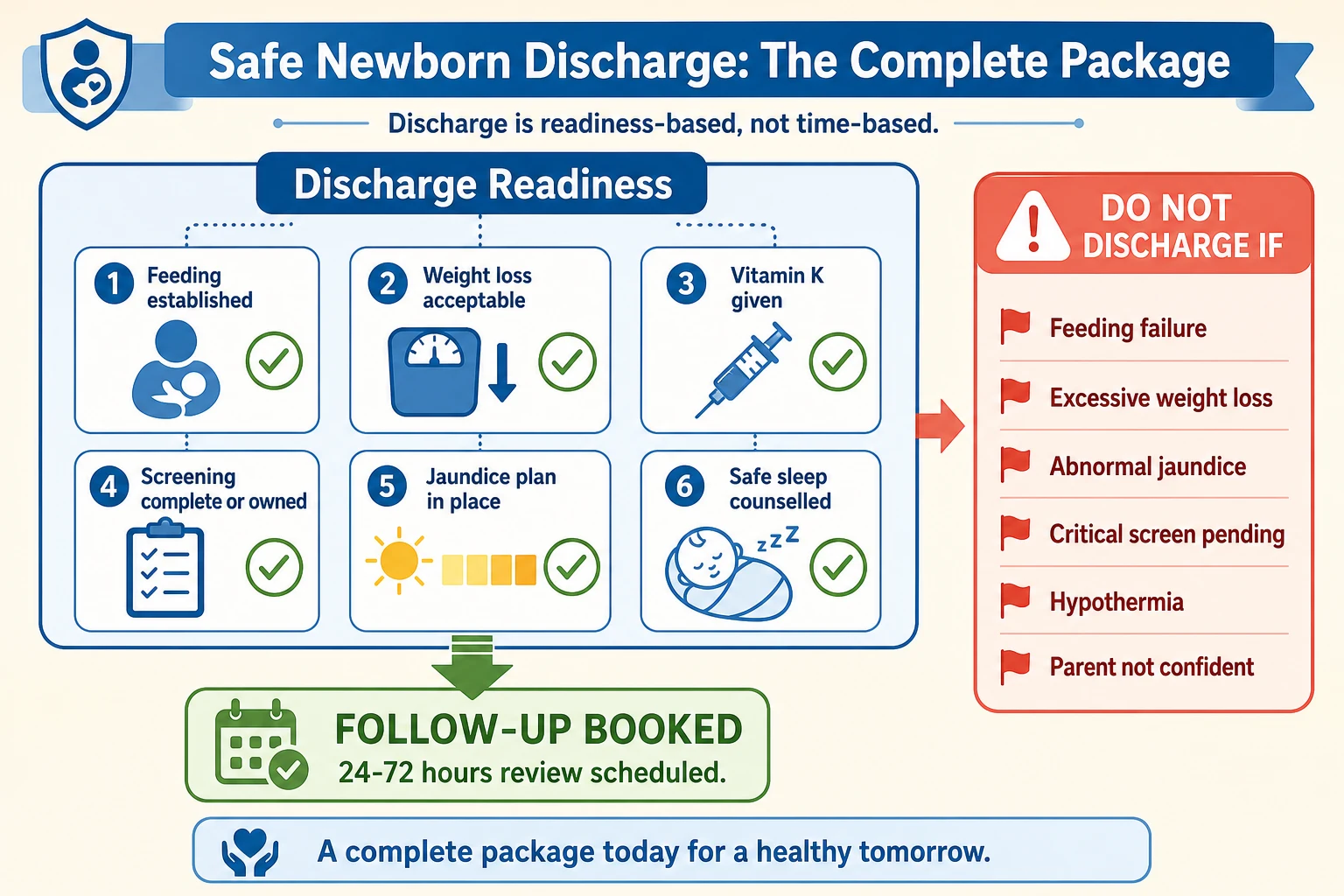 Educational discharge readiness checklist flowchart with six readiness items, follow-up booking, and a red-flag do-not-discharge panel