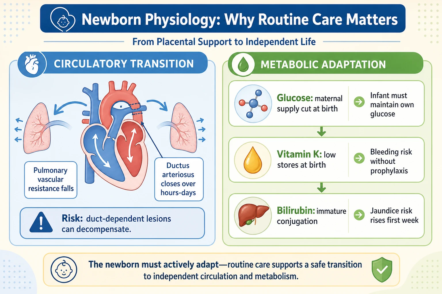 Educational mechanism diagram showing circulatory transition with ductus arteriosus closure and metabolic adaptation challenges for glucose, vitamin K and bilirubin