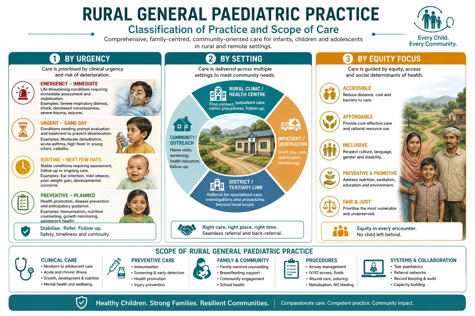 Classification diagram for rural general paediatric practice and scope showing urgency, setting and equity axes.