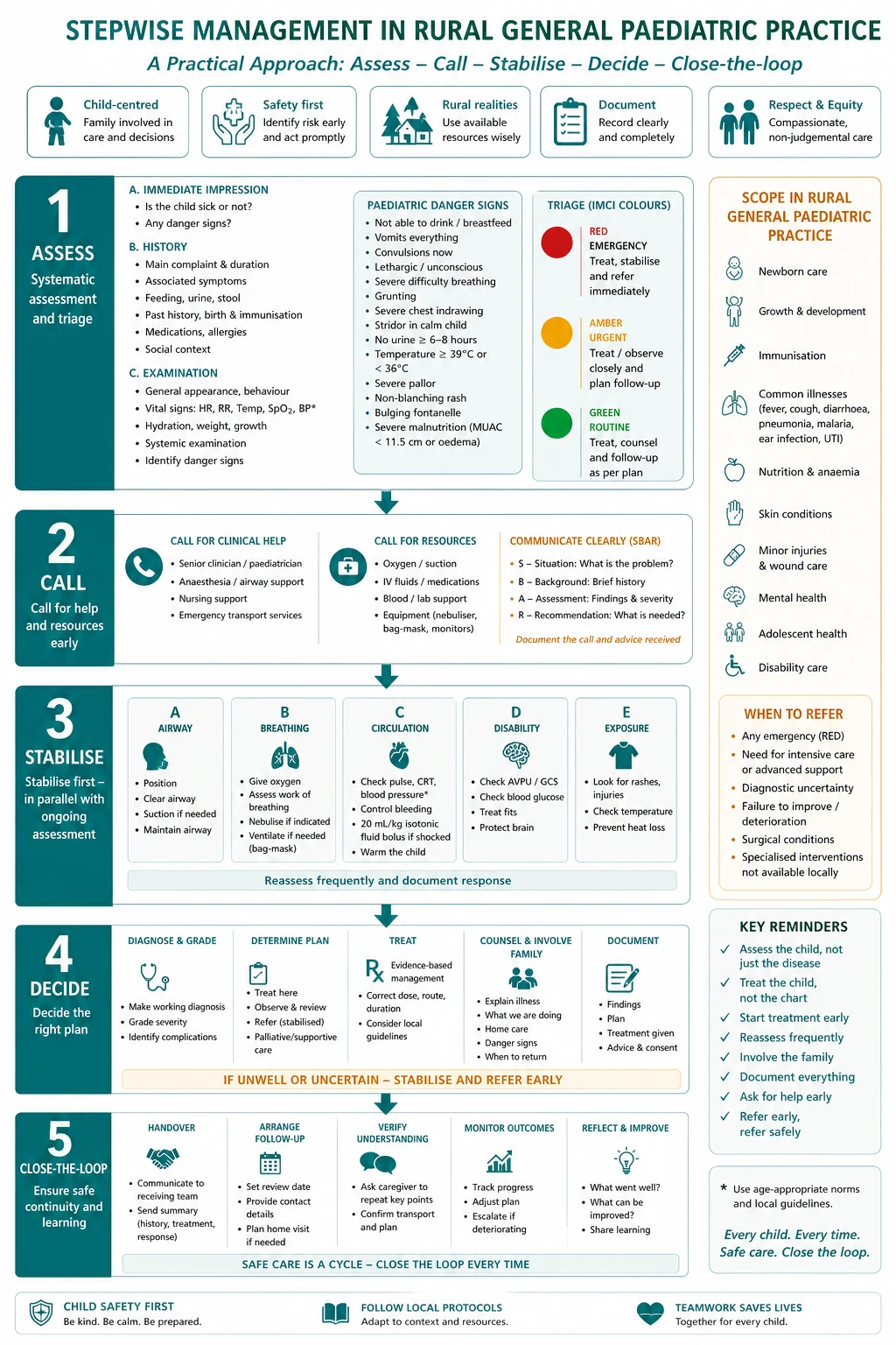 Stepwise management algorithm for rural general paediatric practice and scope from assessment through escalation and closed-loop handover.