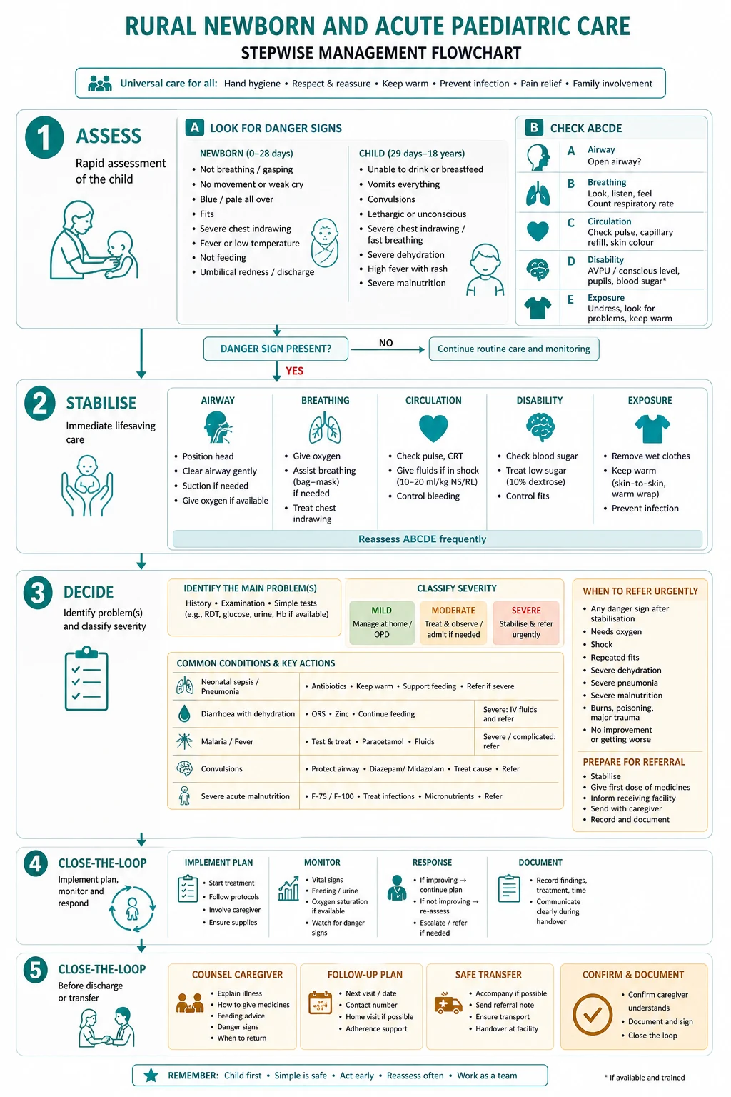 Stepwise management algorithm for rural newborn and acute paediatric care from assessment through escalation and closed-loop handover.