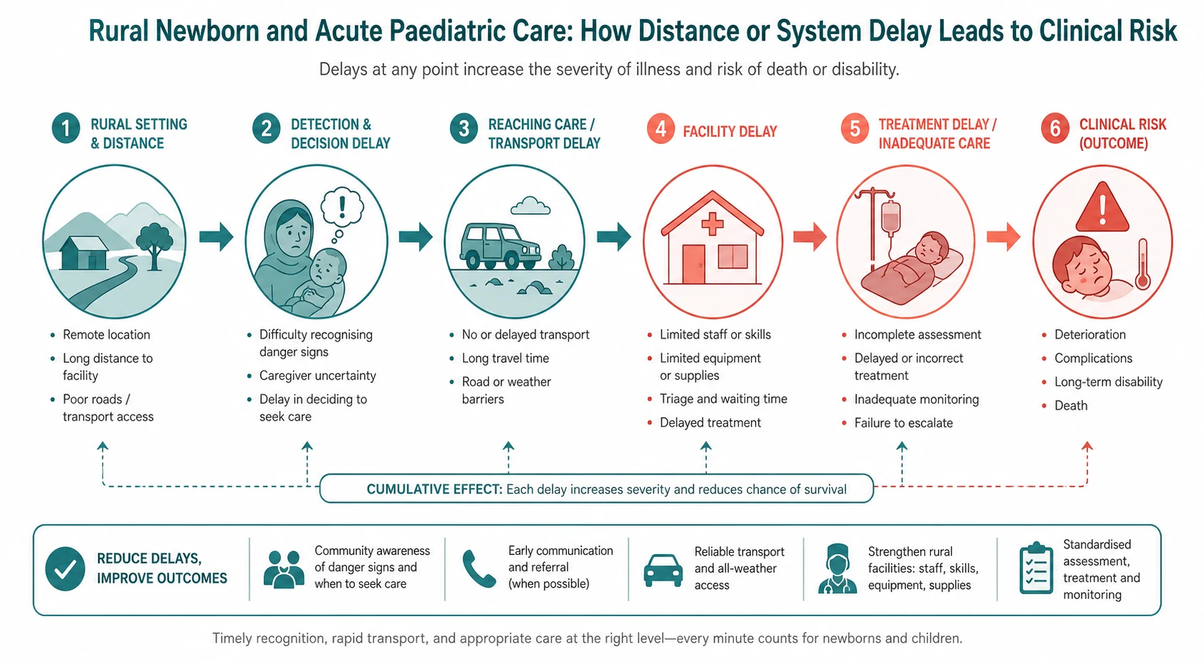 Mechanism diagram for rural newborn and acute paediatric care linking distance, delayed escalation and clinical deterioration.