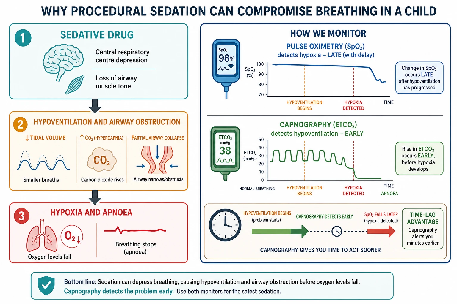 Educational schematic of why procedural sedation compromises breathing, showing the cascade from central respiratory depression and airway obstruction through hypoventilation and hypercapnia to hypoxia and apnoea, and the comparative early detection by capnography versus late detection by pulse oximetry