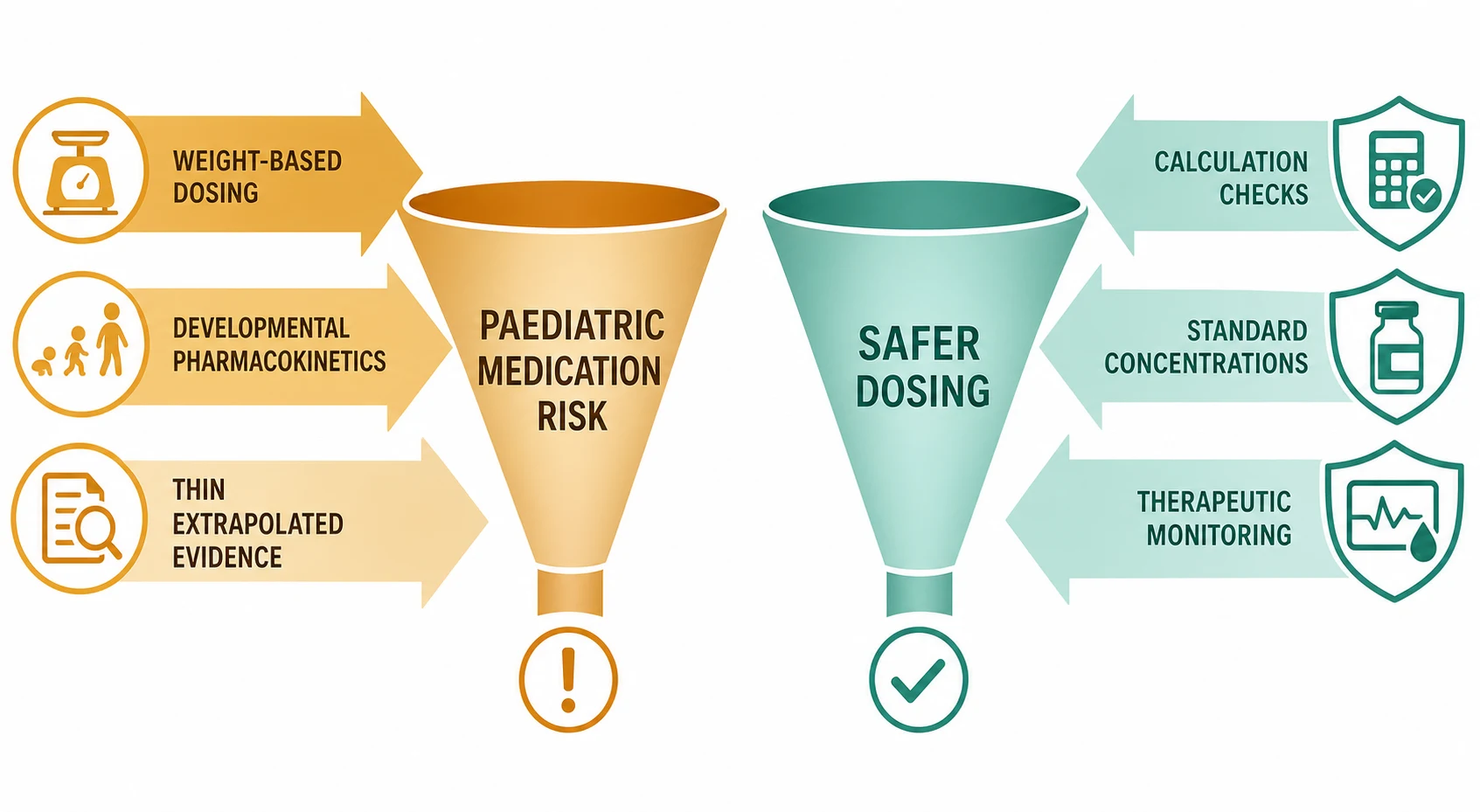 Three converging arrows labelled weight-based dosing, developmental pharmacokinetics and a thin evidence base all pointing into a single funnel marked paediatric medication risk, beside a parallel protective funnel of calculation checks and monitoring